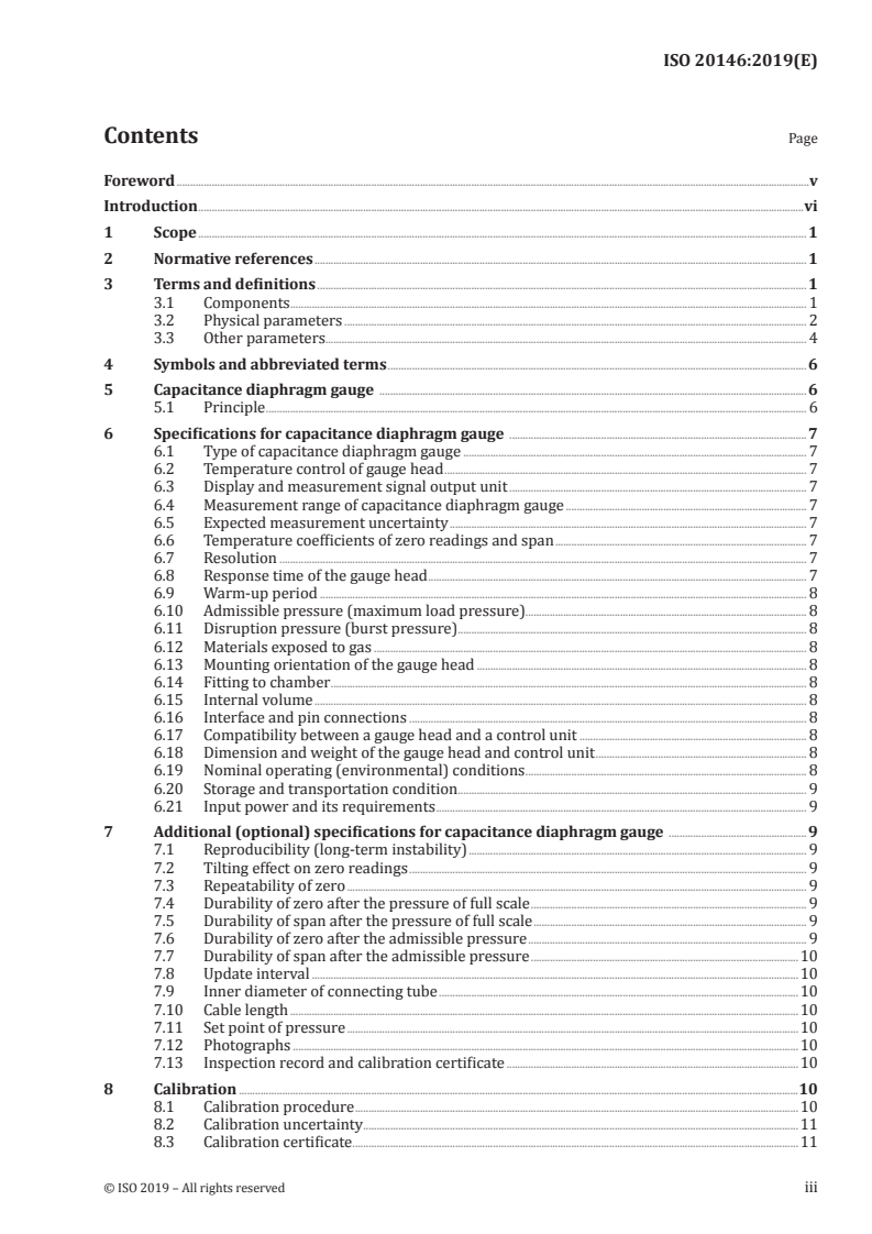 ISO 20146:2019 ISO 20146:2019 - Vacuum technology — Vacuum gauges — Specifications, calibration and measurement uncertainties for capacitance diaphragm gauges/31/2019 - Page 3 preview