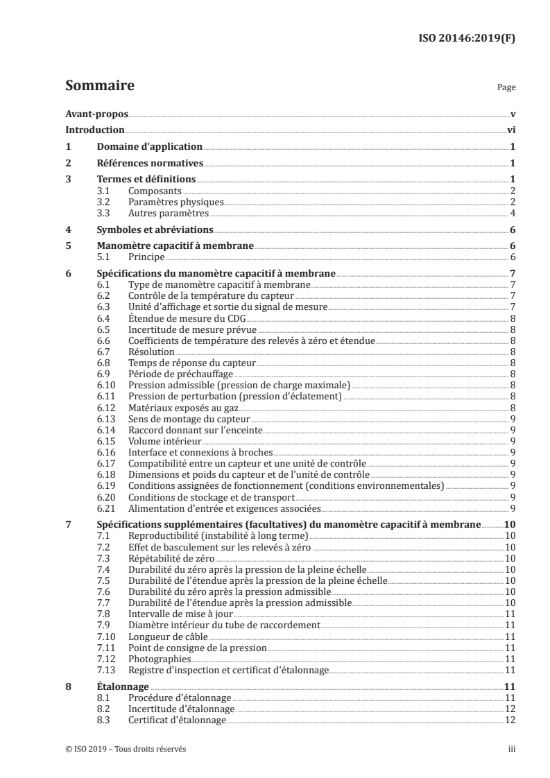 ISO 20146:2019 ISO 20146:2019 - Technique du vide — Manomètres à vide — Spécifications, étalonnage et incertitudes de mesure des manomètres capacitifs à membrane/31/2019 - Page 3 preview