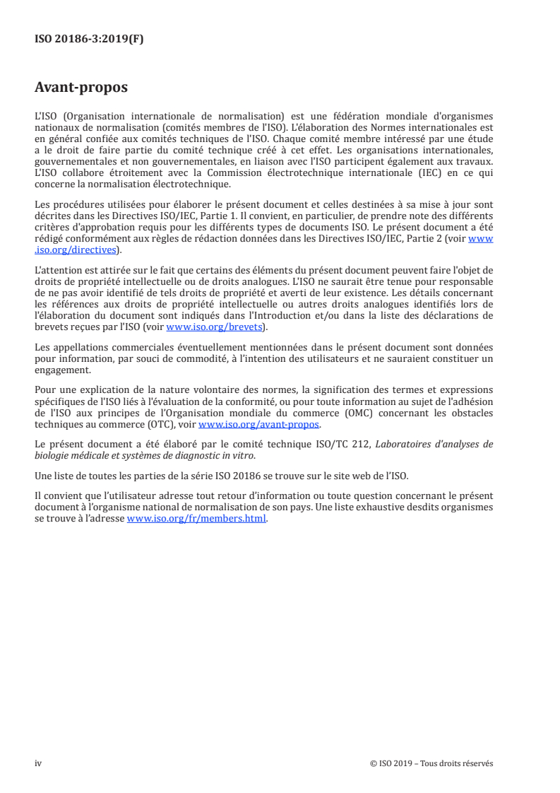 ISO 20186-3:2019 ISO 20186-3:2019 - Analyses de diagnostic moléculaire in vitro — Spécifications relatives aux processus préanalytiques pour le sang total veineux — Partie 3: ADN libre circulant extrait du plasma/25/2019 - Page 4 preview