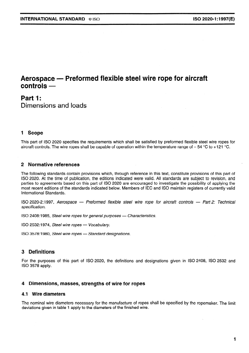 ISO 2020-1:1997 ISO 2020-1:1997 - Aerospace — Preformed flexible steel wire rope for aircraft controls — Part 1: Dimensions and loads/4/1997 - Page 3 preview