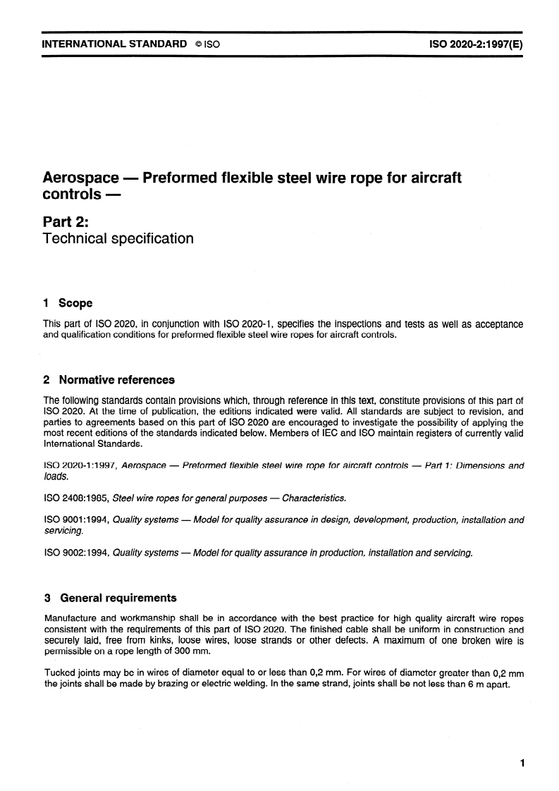 ISO 2020-2:1997 ISO 2020-2:1997 - Aerospace — Preformed flexible steel wire rope for aircraft controls — Part 2: Technical specification/4/1997 - Page 3 preview