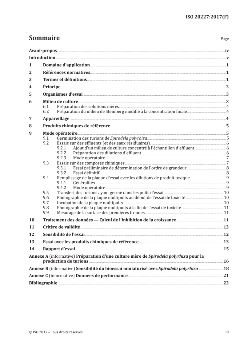 ISO 20227:2017 ISO 20227:2017 - Qualité de l'eau — Détermination des effets d'inhibition sur la croissance de la lentille d'eau Spirodela polyrhiza par les eaux usées, les eaux naturelles et les produits chimiques — Méthode utilisant un bioessai miniaturisé indépendant d'une culture mère/27/2018 - Page 3 preview