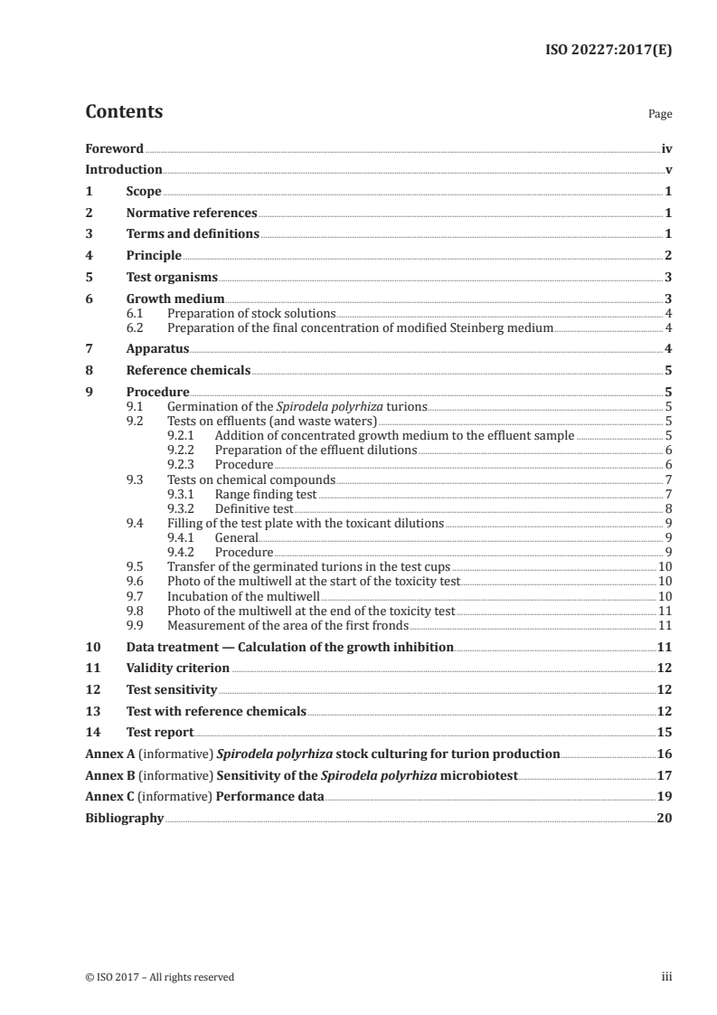 ISO 20227:2017 ISO 20227:2017 - Water quality — Determination of the growth inhibition effects of waste waters, natural waters and chemicals on the duckweed Spirodela polyrhiza — Method using a stock culture independent microbiotest/15/2017 - Page 3 preview