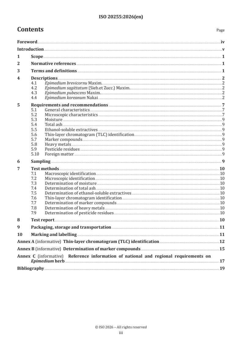 ISO 20255:2026 ISO 20255:2026 - Traditional Chinese medicine — Epimedium brevicorum, Epimedium sagittatum, Epimedium pubescens, and Epimedium koreanum herb - Page 3 preview