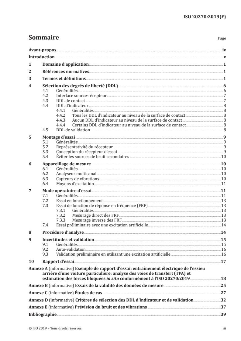 ISO 20270:2019 ISO 20270:2019 - Acoustique — Caractérisation des sources de bruit solidien et de vibrations — Mesurage indirect des forces bloquées/7/2020 - Page 3 preview