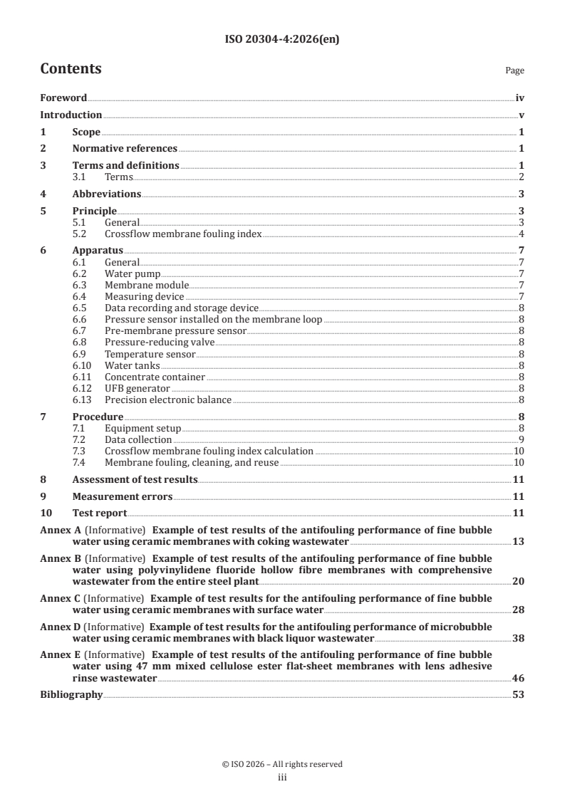 ISO 20304-4:2026 ISO 20304-4:2026 - Fine bubble technology — Water treatment applications — Part 4: Test method for evaluating the antifouling performance of fine bubble water in crossflow membrane filtration systems - Page 3 preview
