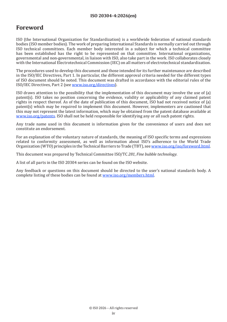 ISO 20304-4:2026 ISO 20304-4:2026 - Fine bubble technology — Water treatment applications — Part 4: Test method for evaluating the antifouling performance of fine bubble water in crossflow membrane filtration systems - Page 4 preview