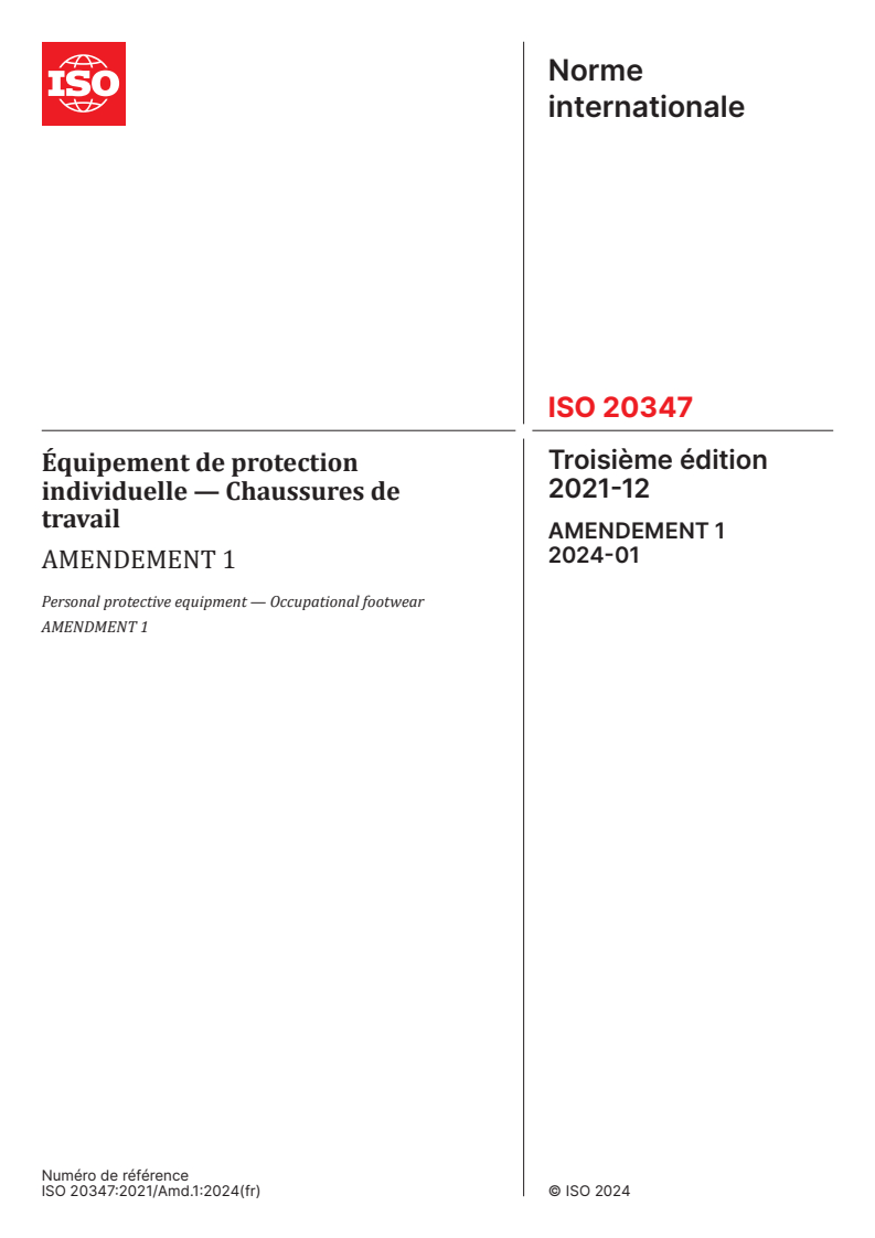 ISO 20347:2021/Amd 1:2024 ISO 20347:2021/Amd 1:2024 - Équipement de protection individuelle — Chaussures de travail — Amendement 1/13/2024 - Page 1 preview