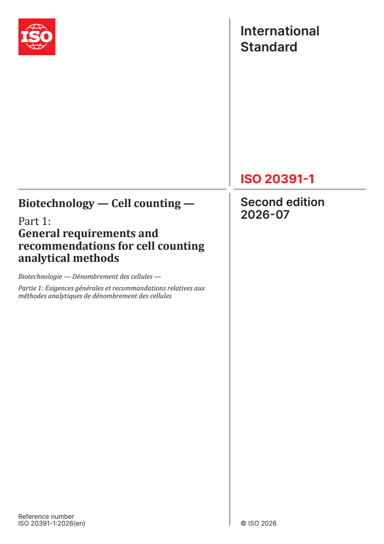 ISO 20391-1:2026 ISO 20391-1:2026 - Biotechnology — Cell counting — Part 1: General requirements and recommendations for cell counting analytical methods - Page 1 preview