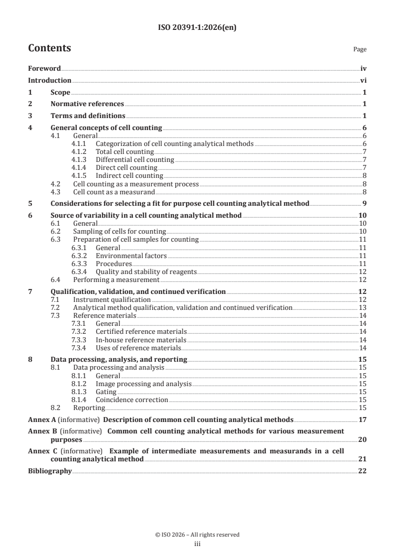 ISO 20391-1:2026 ISO 20391-1:2026 - Biotechnology — Cell counting — Part 1: General requirements and recommendations for cell counting analytical methods - Page 3 preview