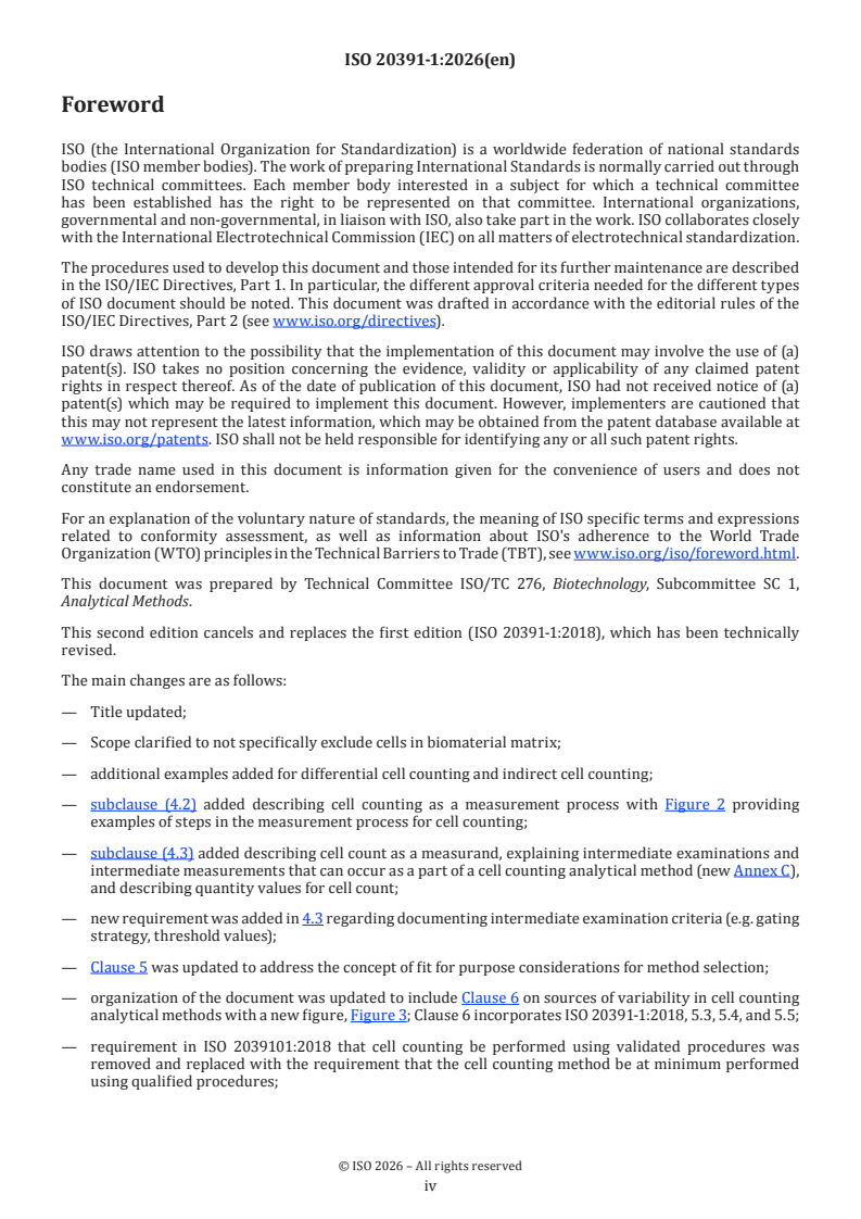 ISO 20391-1:2026 ISO 20391-1:2026 - Biotechnology — Cell counting — Part 1: General requirements and recommendations for cell counting analytical methods - Page 4 preview