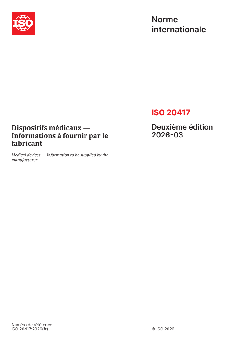 ISO 20417:2026 ISO 20417:2026 - Dispositifs médicaux — Informations à fournir par le fabricant - Page 1 preview