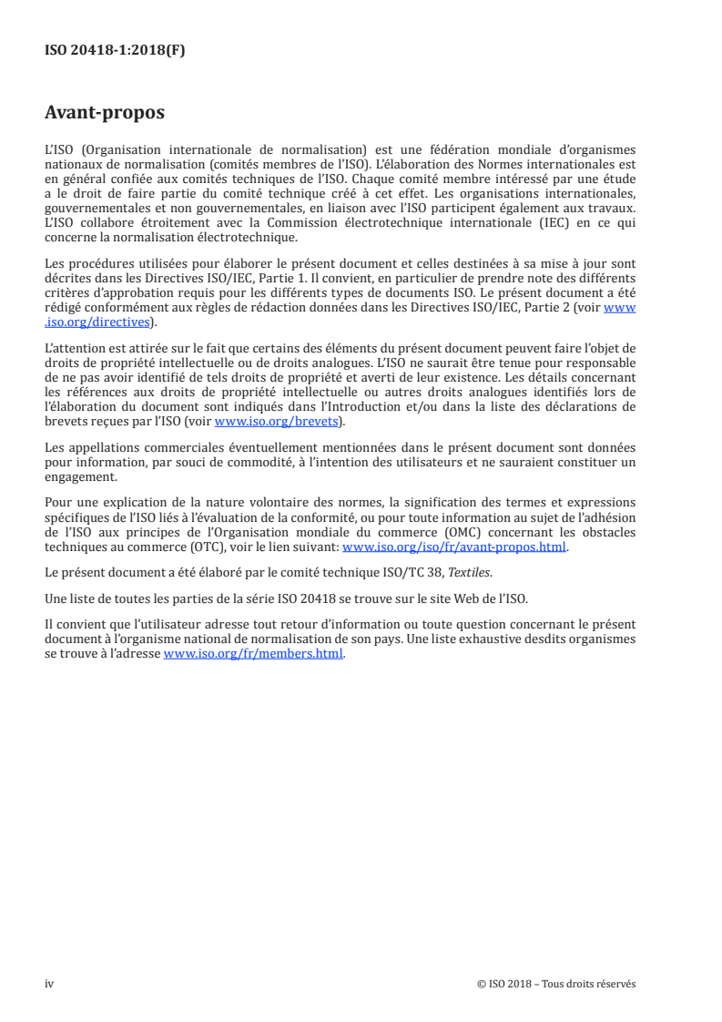 ISO 20418-1:2018 ISO 20418-1:2018 - Textiles — Analyse protéomique qualitative et quantitative de certaines fibres animales — Partie 1: Détection des peptides par LC-ESI-MS avec réduction protéique/4/2018 - Page 4 preview