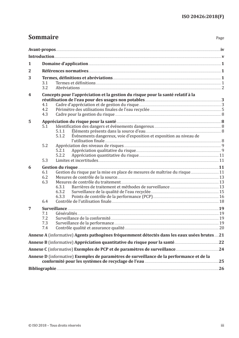 ISO 20426:2018 ISO 20426:2018 - Lignes directrices pour l'appréciation et la gestion du risque pour la santé relative à la réutilisation de l'eau pour des usages non potables/31/2018 - Page 3 preview