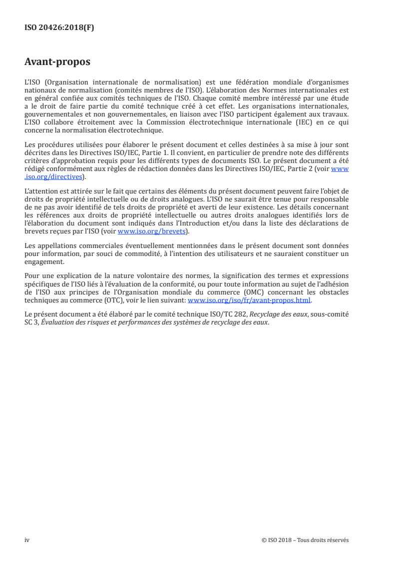 ISO 20426:2018 ISO 20426:2018 - Lignes directrices pour l'appréciation et la gestion du risque pour la santé relative à la réutilisation de l'eau pour des usages non potables/31/2018 - Page 4 preview