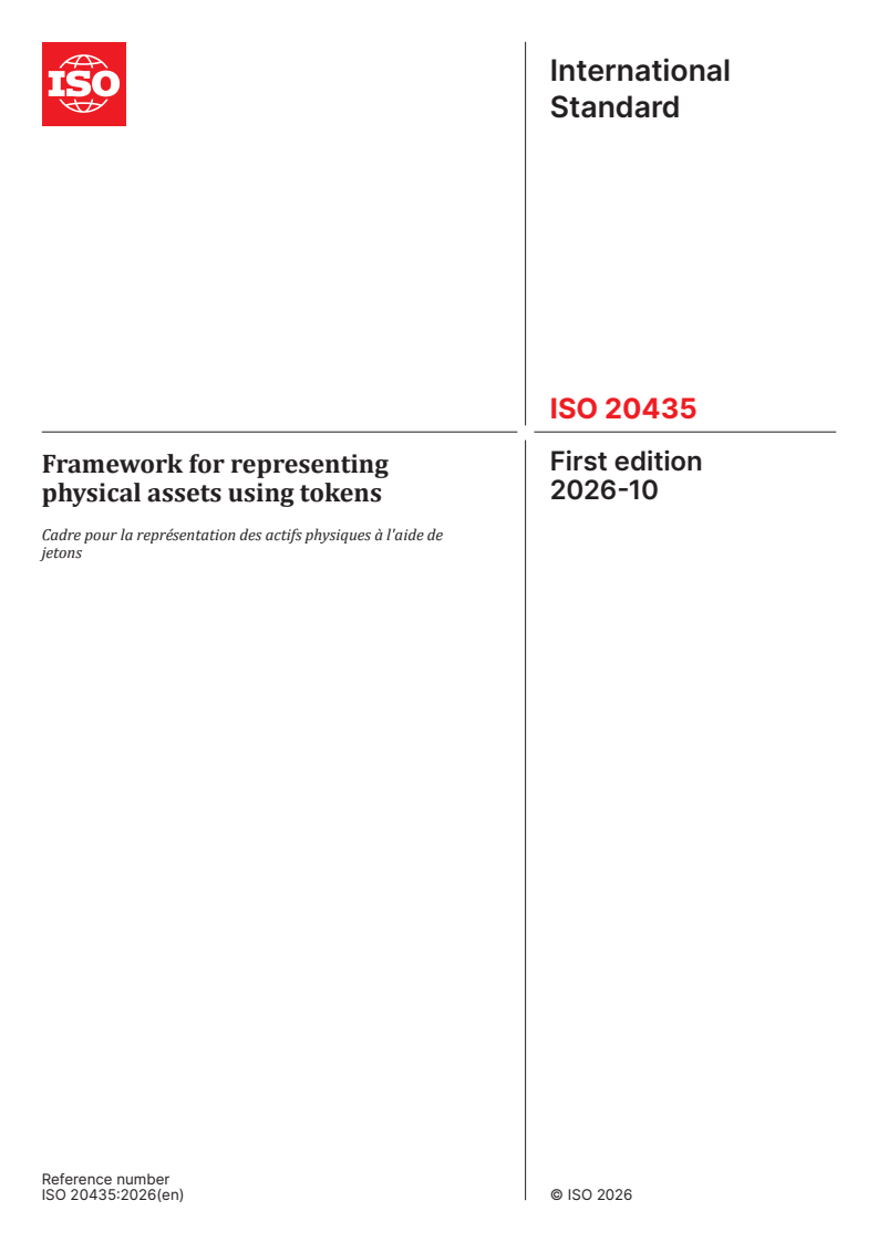 ISO 20435:2026 ISO 20435:2026 - Framework for representing physical assets using tokens - Page 1 preview