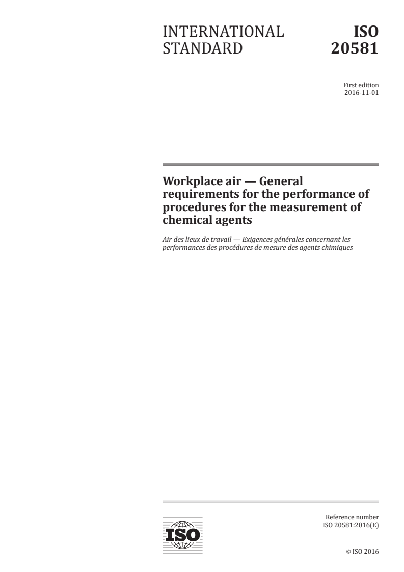 ISO 20581:2016 ISO 20581:2016 - Workplace air — General requirements for the performance of procedures for the measurement of chemical agents/1/2016 - Page 1 preview