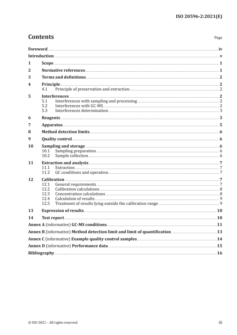 ISO 20596-2:2021 ISO 20596-2:2021 - Water quality — Determination of cyclic volatile methylsiloxanes in water — Part 2: Method using liquid-liquid extraction with gas chromatography-mass spectrometry (GC-MS)/28/2021 - Page 3 preview