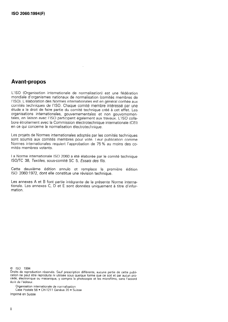 ISO 2060:1994 ISO 2060:1994 - Textiles — Fils sur enroulements — Détermination de la masse linéique (masse par unité de longueur) par la méthode de l'écheveau/17/1994 - Page 2 preview