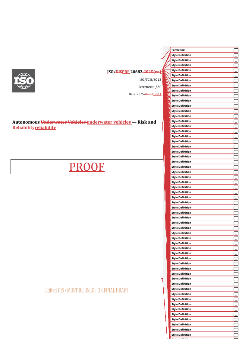 ISO 20682:2026 REDLINE ISO 20682 - Autonomous underwater vehicles — Risk and reliability
Released:12/11/2025 - Page 1 preview