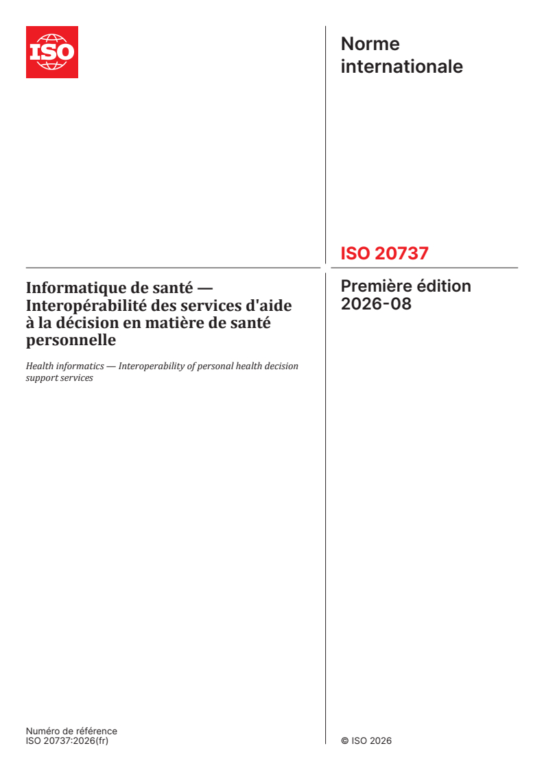 ISO 20737:2026 ISO 20737:2026 - Informatique de santé — Interopérabilité des services d'aide à la décision en matière de santé personnelle - Page 1 preview