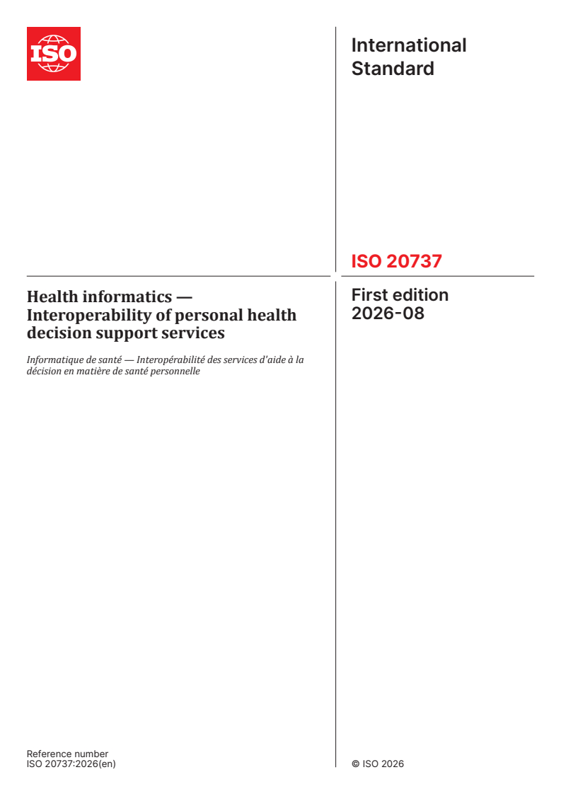 ISO 20737:2026 ISO 20737:2026 - Health informatics — Interoperability of personal health decision support services - Page 1 preview