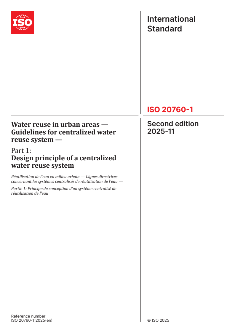 ISO 20760-1:2025 ISO 20760-1:2025 - Water reuse in urban areas — Guidelines for centralized water reuse system — Part 1: Design principle of a centralized water reuse system
Released:14. 11. 2025