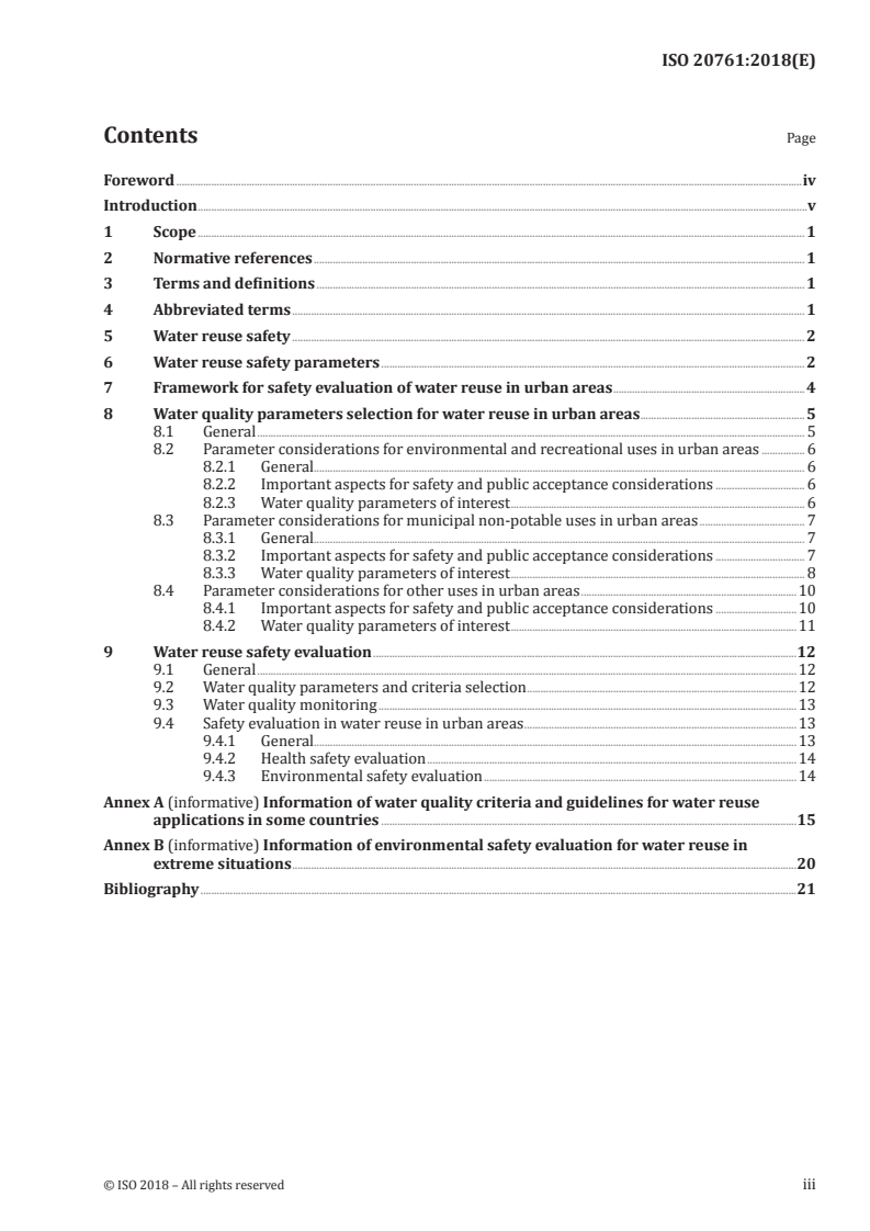 ISO 20761:2018 ISO 20761:2018 - Water reuse in urban areas — Guidelines for water reuse safety evaluation — Assessment parameters and methods/22/2018 - Page 3 preview