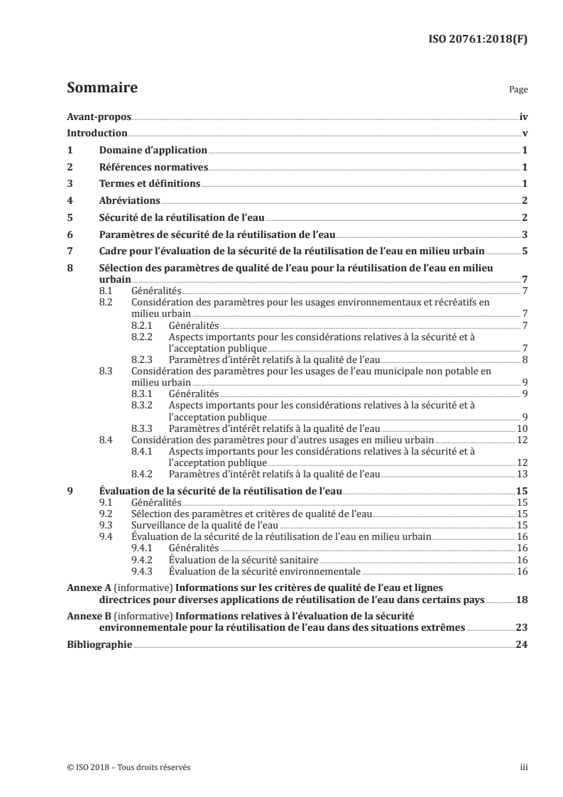 ISO 20761:2018 ISO 20761:2018 - Réutilisation de l'eau en milieu urbain — Lignes directrices concernant l'évaluation de la sécurité de la réutilisation de l'eau·—· Paramètres et méthodes d'évaluation/22/2018 - Page 3 preview