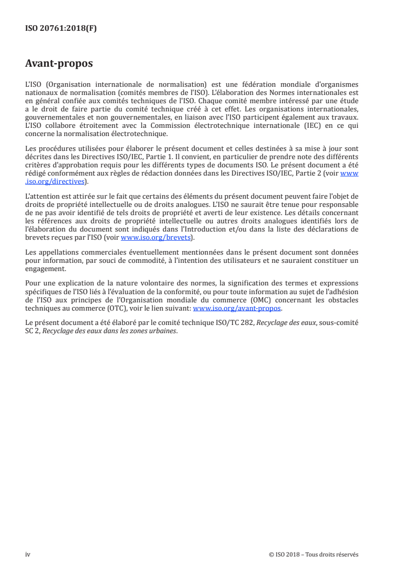 ISO 20761:2018 ISO 20761:2018 - Réutilisation de l'eau en milieu urbain — Lignes directrices concernant l'évaluation de la sécurité de la réutilisation de l'eau·—· Paramètres et méthodes d'évaluation/22/2018 - Page 4 preview