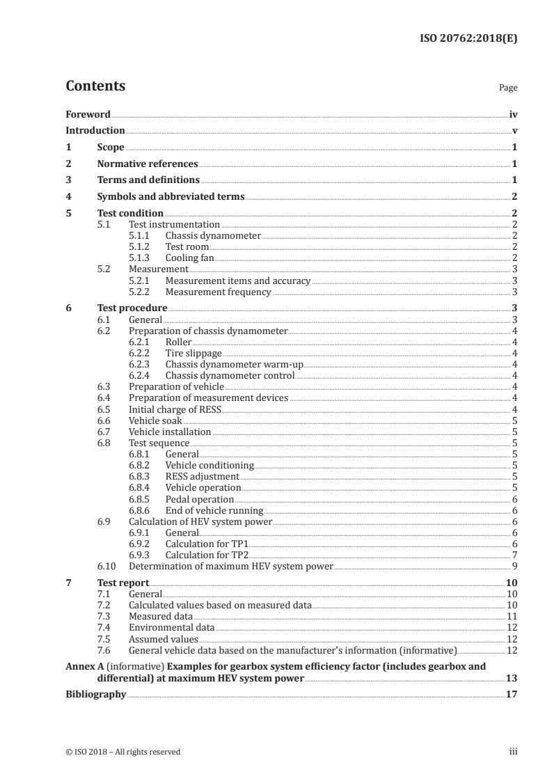 ISO 20762:2018 ISO 20762:2018 - Electrically propelled road vehicles — Determination of power for propulsion of hybrid electric vehicle/24/2018 - Page 3 preview