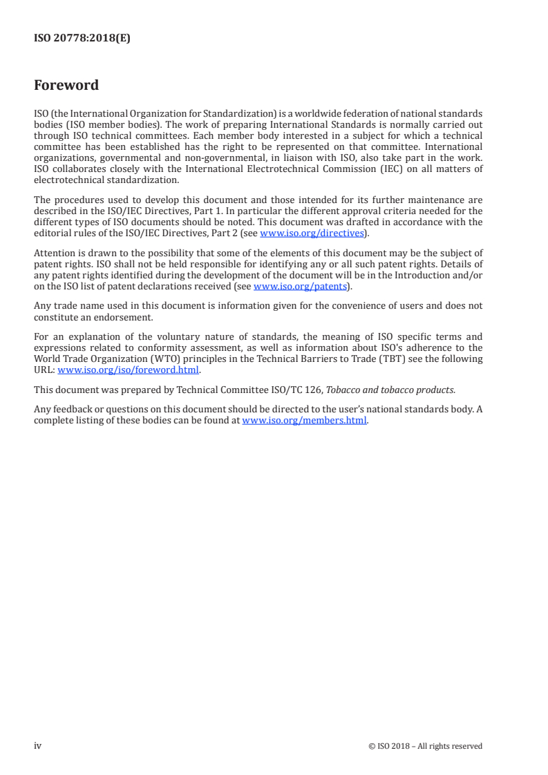 ISO 20778:2018 ISO 20778:2018 - Cigarettes — Routine analytical cigarette smoking machine — Definitions and standard conditions with an intense smoking regime/5/2018 - Page 4 preview
