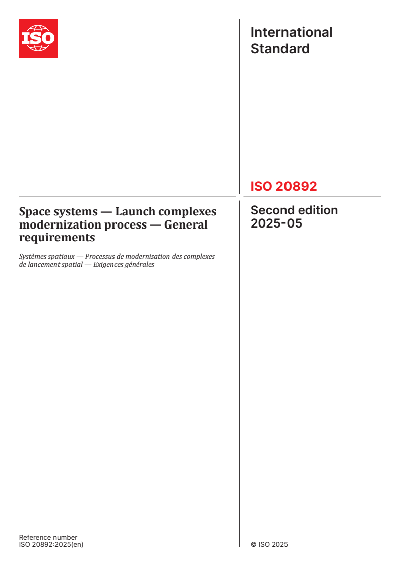 ISO 20892:2025 - Space systems — Launch complexes modernization process — General requirements
Released:21. 05. 2025