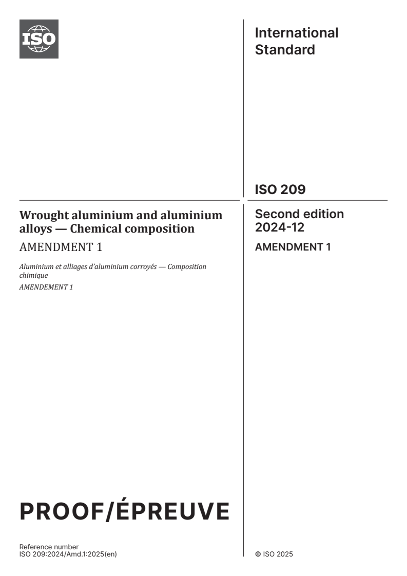 ISO 209:2024/PRF Amd 1 - Wrought aluminium and aluminium alloys — Chemical composition — Amendment 1
Released:12/3/2025