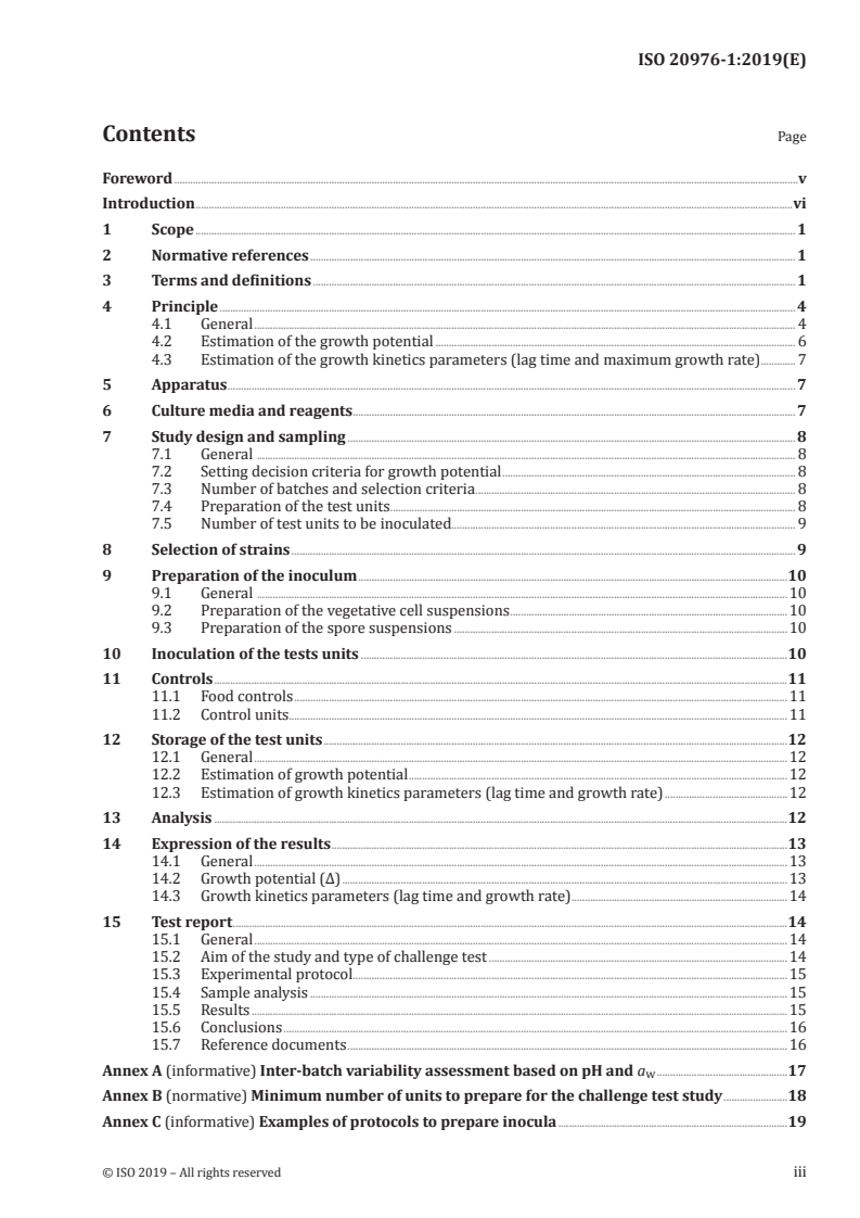 ISO 20976-1:2019 ISO 20976-1:2019 - Microbiology of the food chain — Requirements and guidelines for conducting challenge tests of food and feed products — Part 1: Challenge tests to study growth potential, lag time and maximum growth rate/13/2019 - Page 3 preview