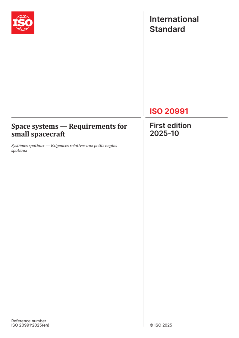 ISO 20991:2025 ISO 20991:2025 - Space systems — Requirements for small spacecraft
Released:10/7/2025