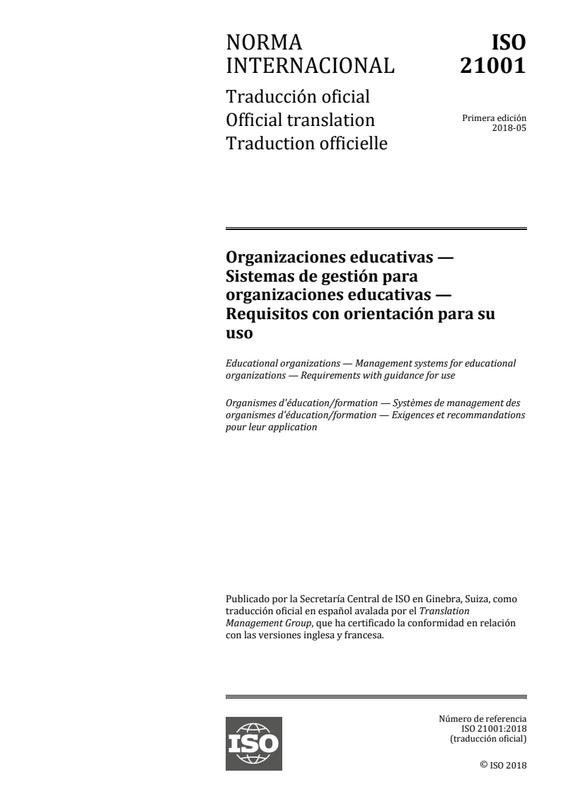 ISO 21001:2018 ISO 21001:2018 - Educational organizations — Management systems for educational organizations — Requirements with guidance for use/20/2018 - Page 1 preview