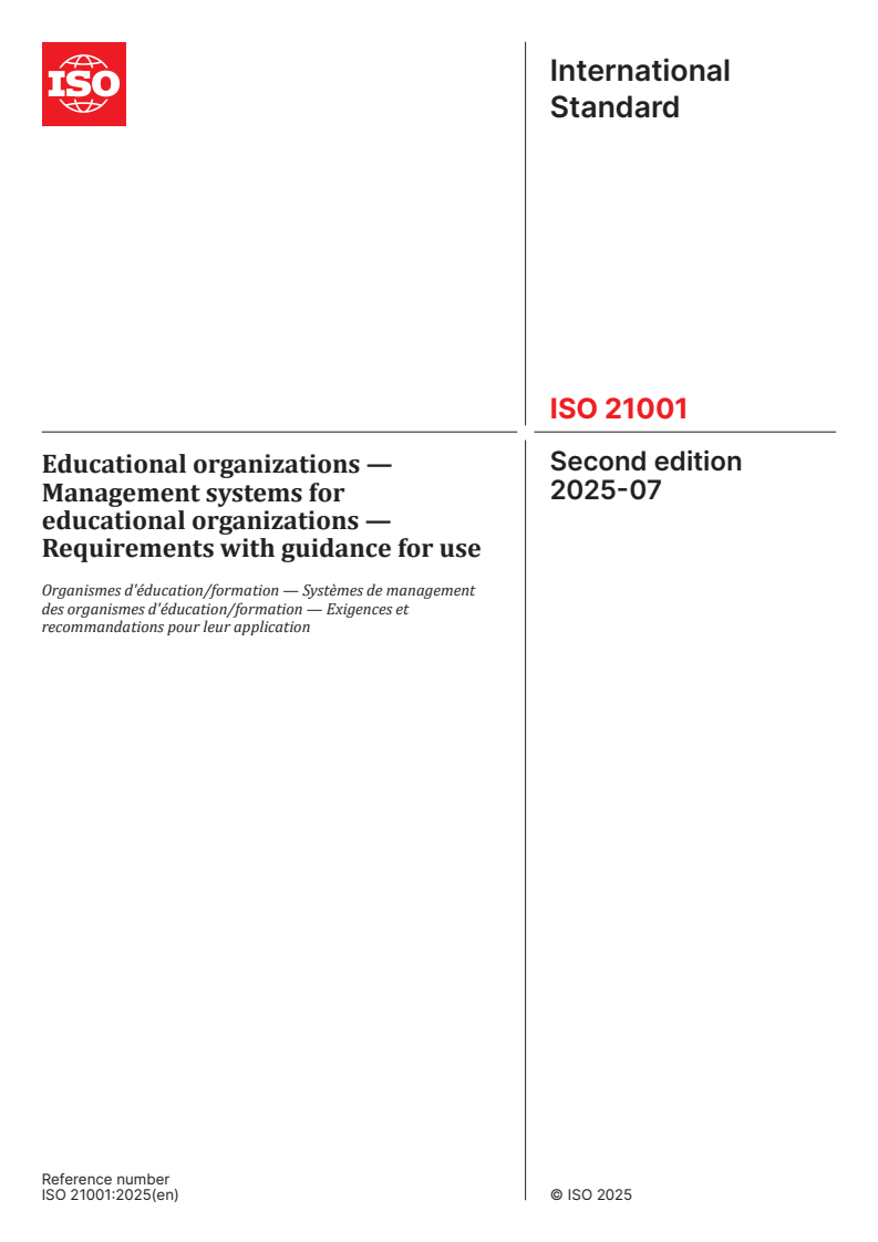 ISO 21001:2025 - Educational organizations — Management systems for educational organizations — Requirements with guidance for use
Released:7. 07. 2025