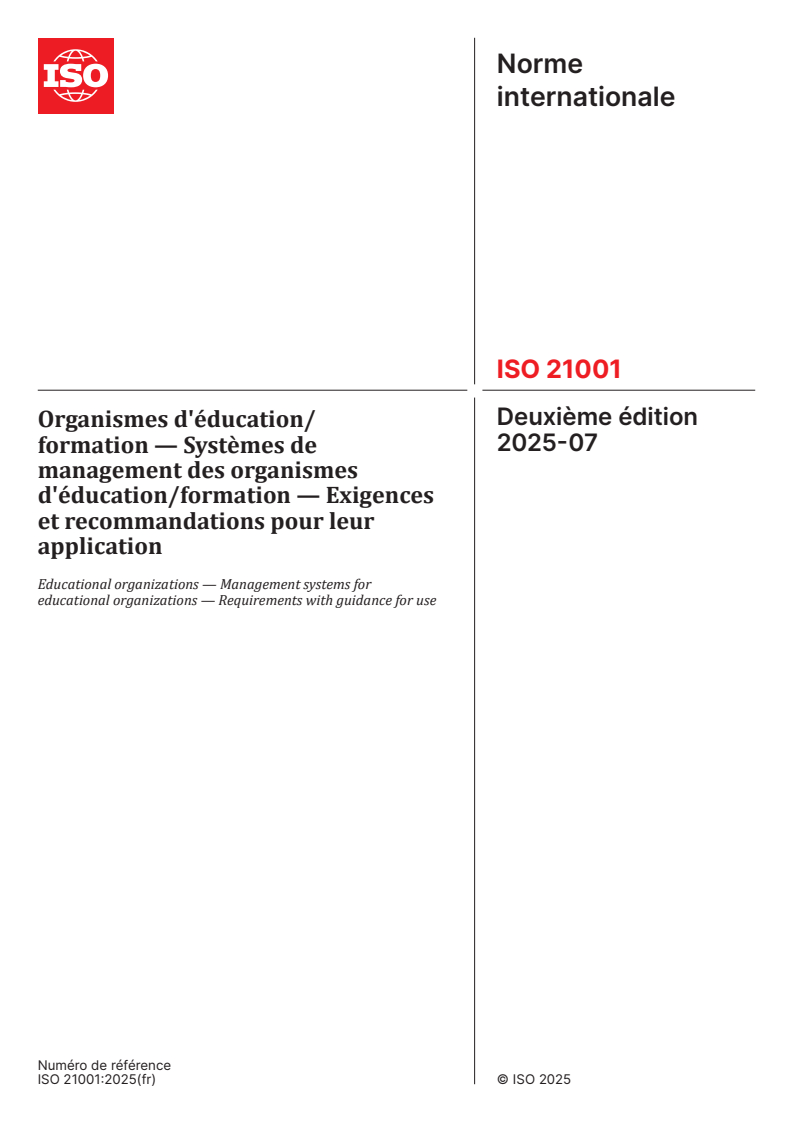 ISO 21001:2025 - Organismes d'éducation/formation — Systèmes de management des organismes d'éducation/formation — Exigences et recommandations pour leur application
Released:7. 07. 2025