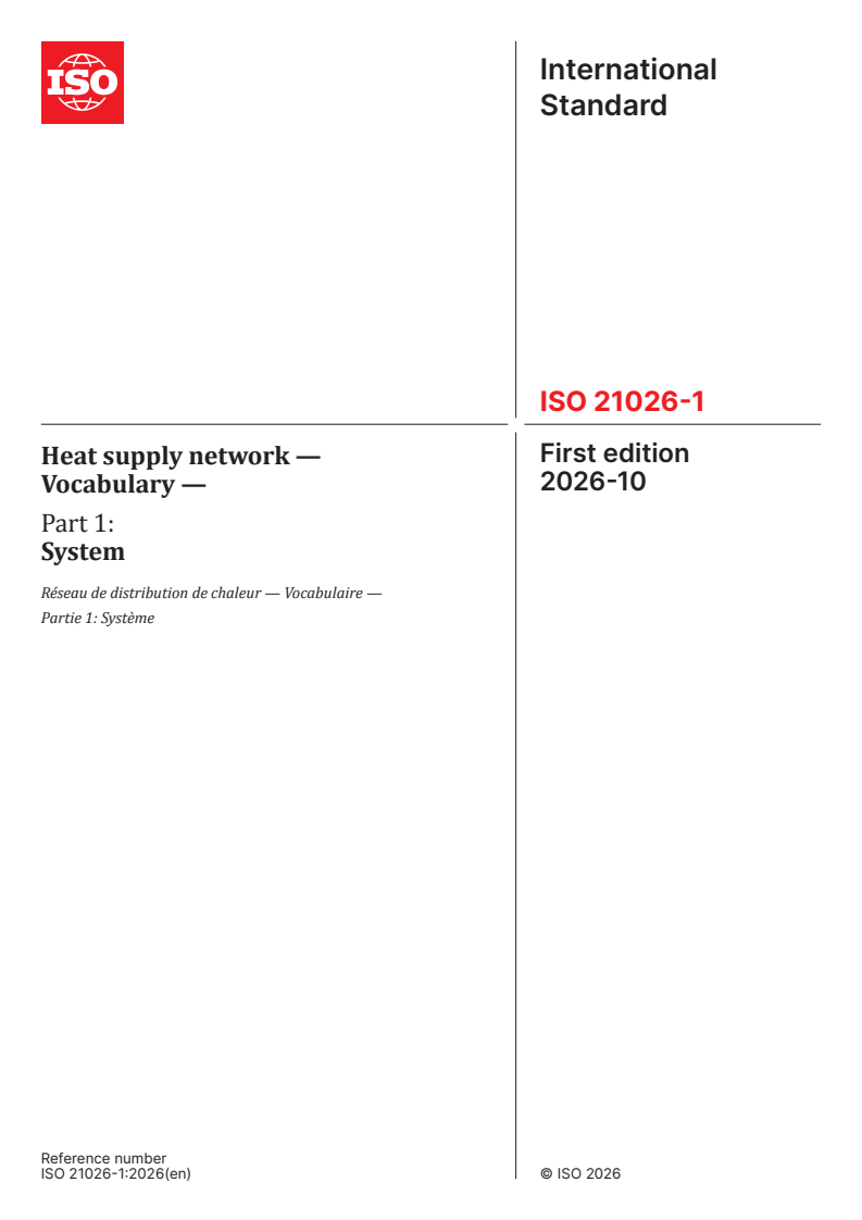 ISO 21026-1:2026 ISO 21026-1:2026 - Heat supply network — Vocabulary — Part 1: System - Page 1 preview