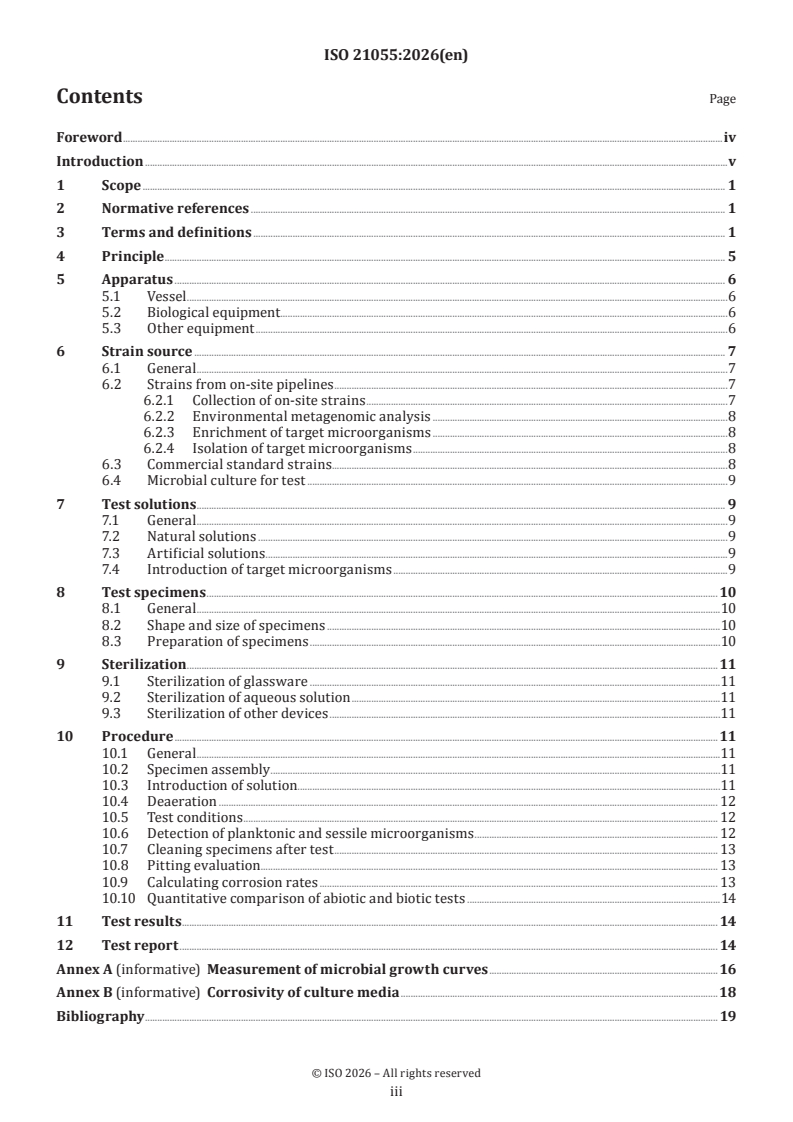ISO 21055:2026 ISO 21055:2026 - Corrosion of metals and alloys — Test method for microbiologically influenced corrosion of oil and gas transmission pipelines - Page 3 preview