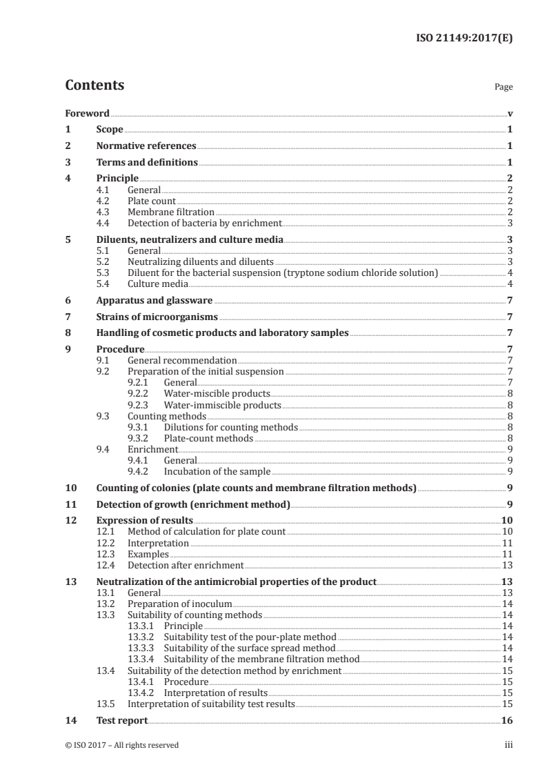 ISO 21149:2017 ISO 21149:2017 - Cosmetics — Microbiology — Enumeration and detection of aerobic mesophilic bacteria/30/2017 - Page 3 preview