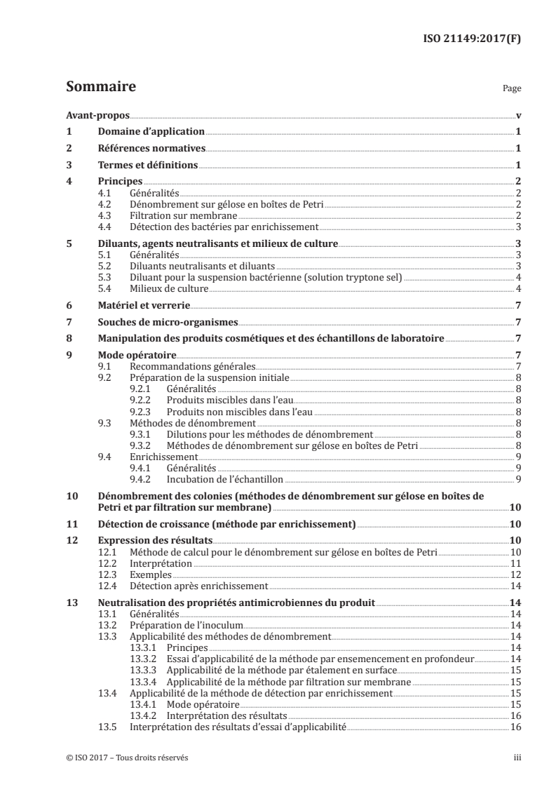 ISO 21149:2017 ISO 21149:2017 - Cosmétiques — Microbiologie — Dénombrement et détection des bactéries aérobies mésophiles/30/2017 - Page 3 preview