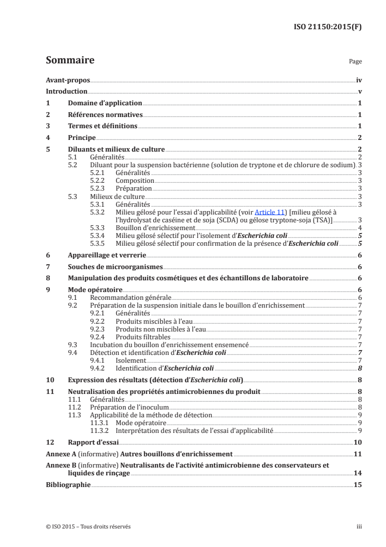 ISO 21150:2015 ISO 21150:2015 - Cosmétiques — Microbiologie — Détection d'Escherichia coli/25/2015 - Page 3 preview