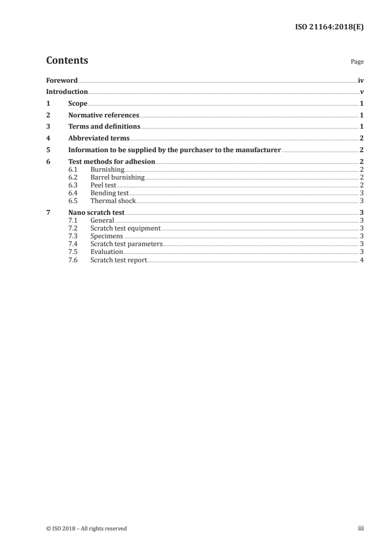 ISO 21164:2018 ISO 21164:2018 - Metallic and other inorganic coatings — DC magnetron sputtered silver coatings for engineering purposes — Measurement of coating adhesion/19/2018 - Page 3 preview