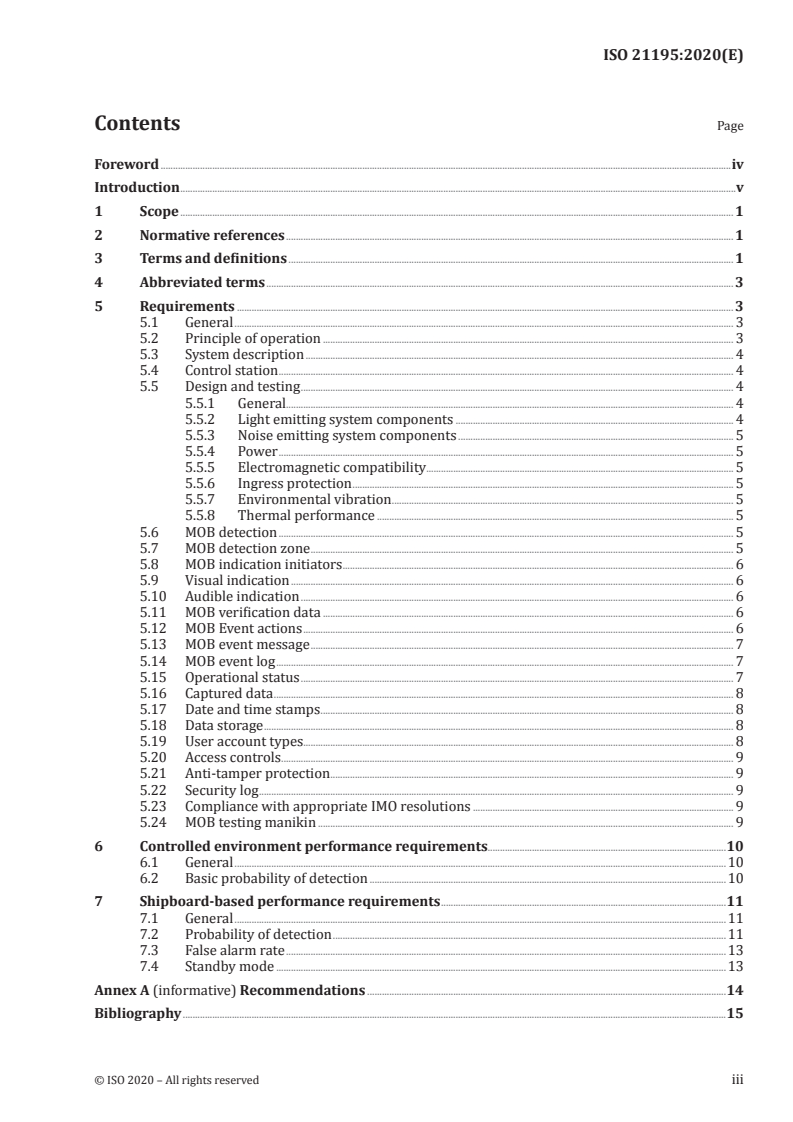 ISO 21195:2020 ISO 21195:2020 - Ships and marine technology — Systems for the detection of persons while going overboard from ships (man overboard detection)/22/2020 - Page 3 preview