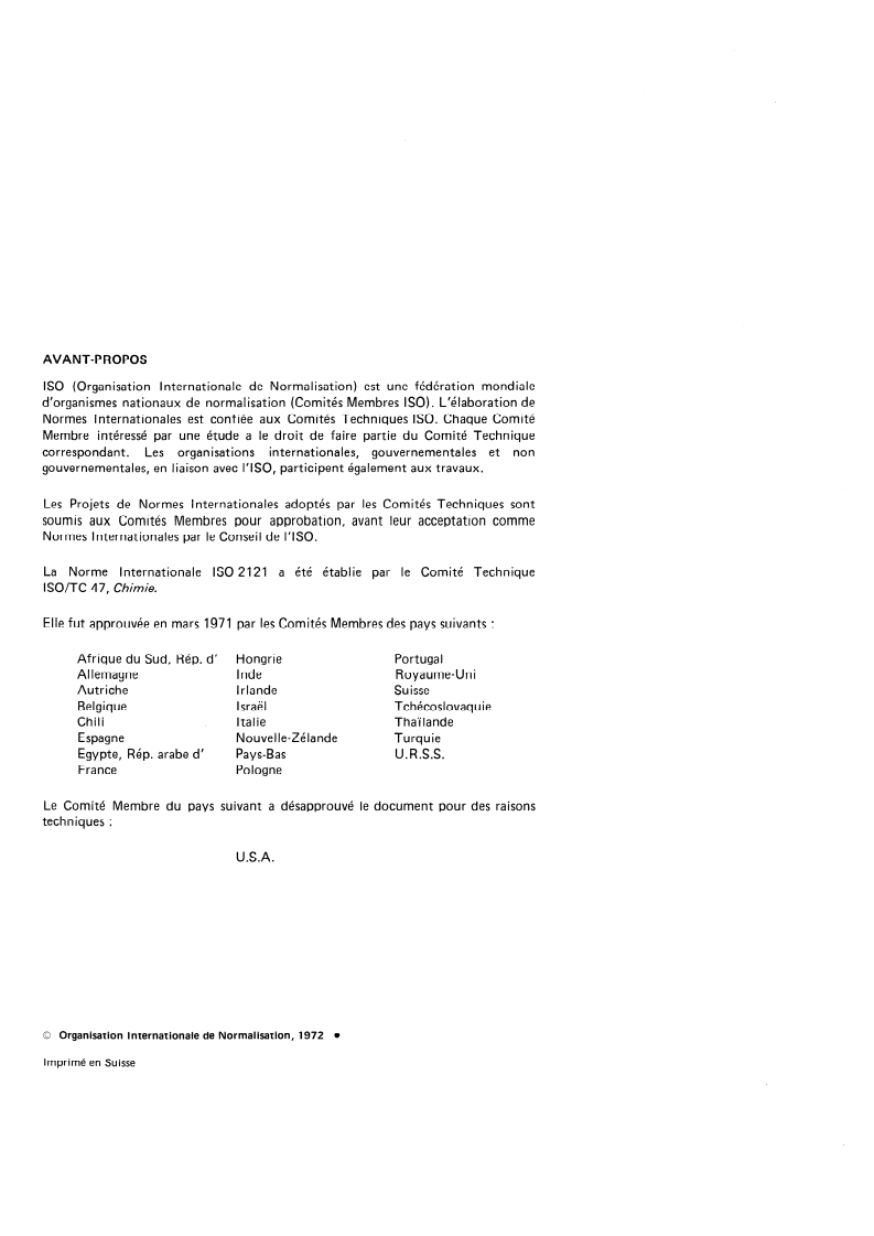 ISO 2121:1972 ISO 2121:1972 - Chlore liquide à usage industriel — Dosage de l'eau — Méthode gravimétrique/1/1972 - Page 2 preview