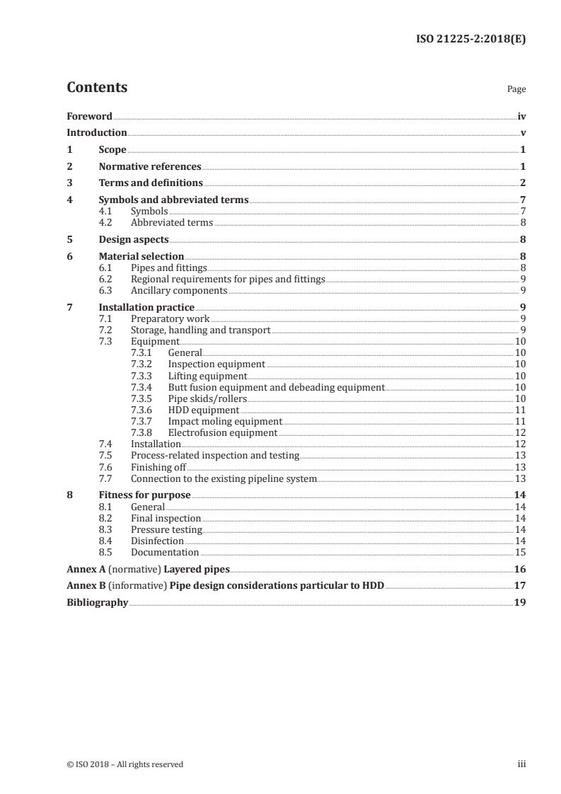 ISO 21225-2:2018 ISO 21225-2:2018 - Plastics piping systems for the trenchless replacement of underground pipeline networks — Part 2: Replacement off the line by horizontal directional drilling and impact moling/28/2018 - Page 3 preview