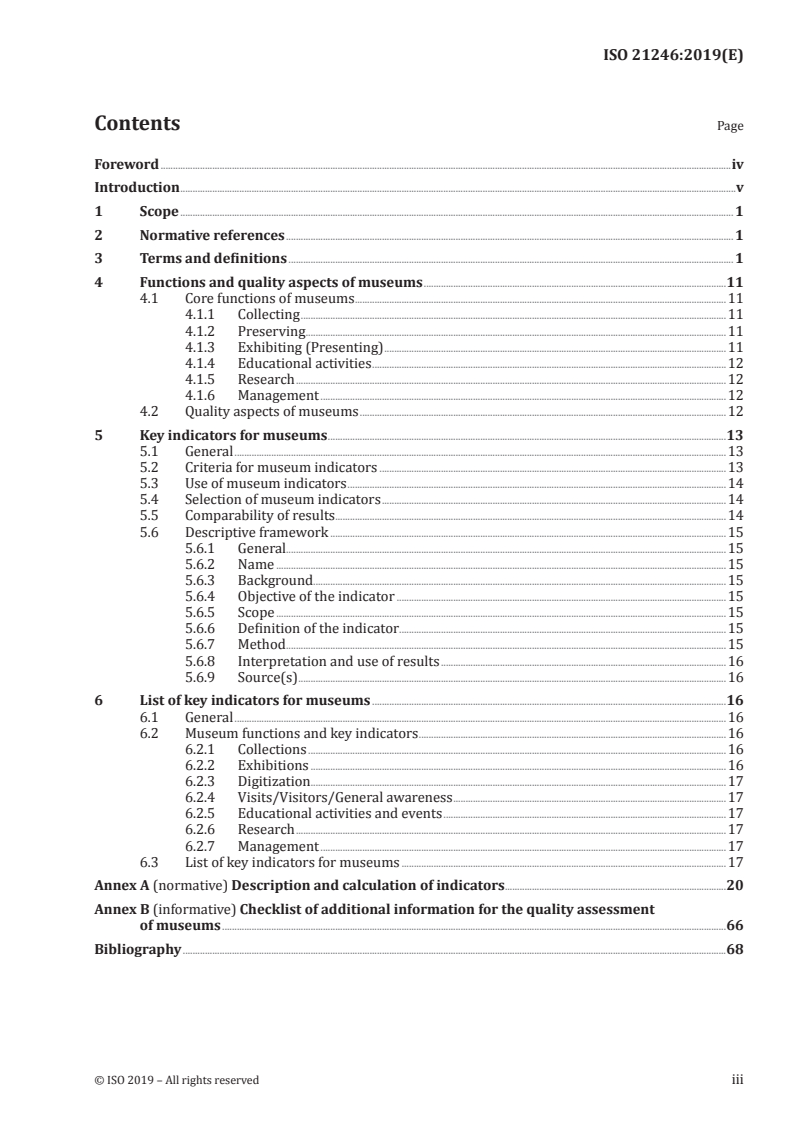 ISO 21246:2019 ISO 21246:2019 - Information and documentation — Key indicators for museums/4/2019 - Page 3 preview