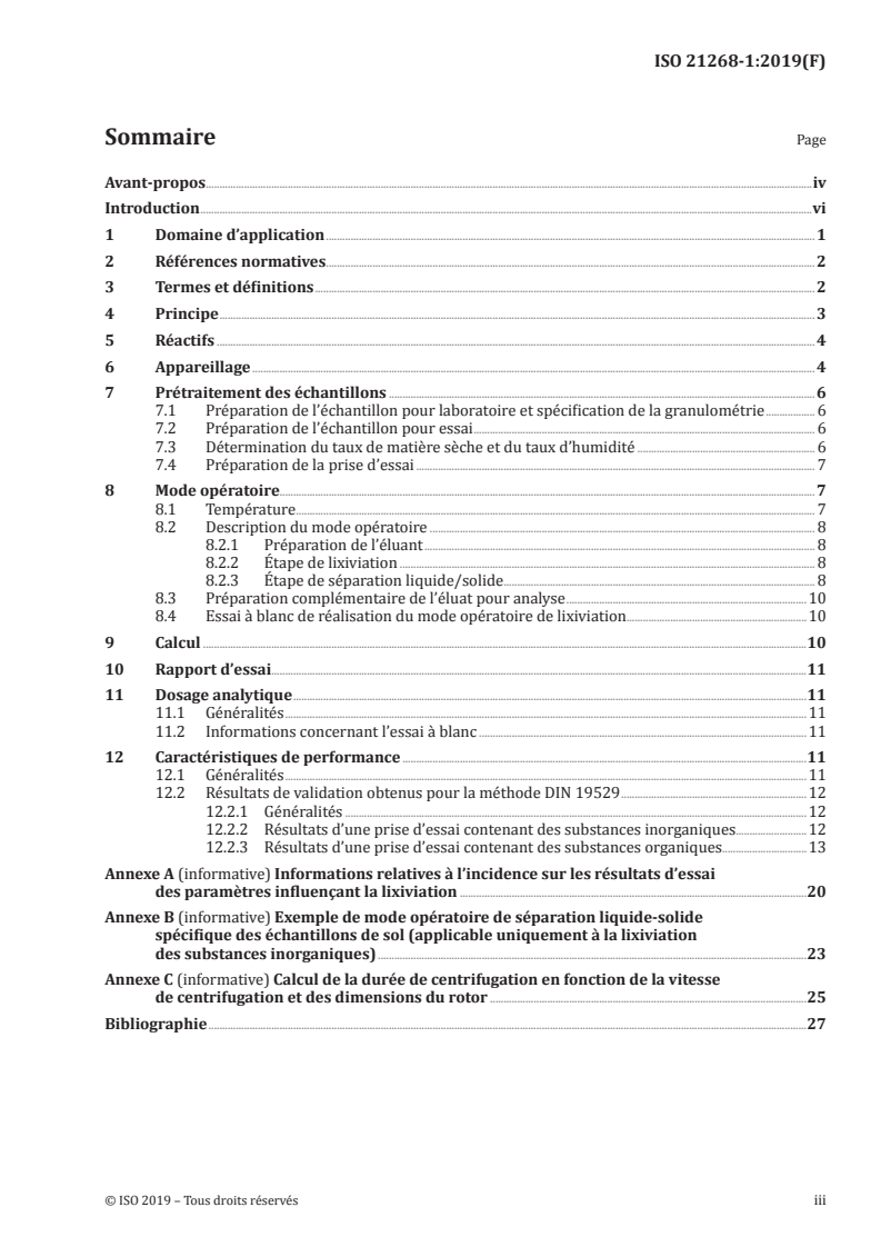 ISO 21268-1:2019 ISO 21268-1:2019 - Qualité du sol — Modes opératoires de lixiviation en vue d'essais chimiques et écotoxicologiques ultérieurs des sols et matériaux analogues au sol — Partie 1: Essai en bâchée avec un rapport liquide/solide de 2 l/kg de matière sèche/4/2019 - Page 3 preview